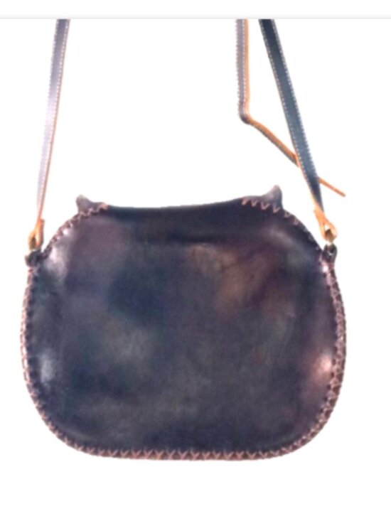 Leather Cat Face Crossbody Bag Hand Tooled Embossed Black Boho Whipstitch - Picture 6 of 14